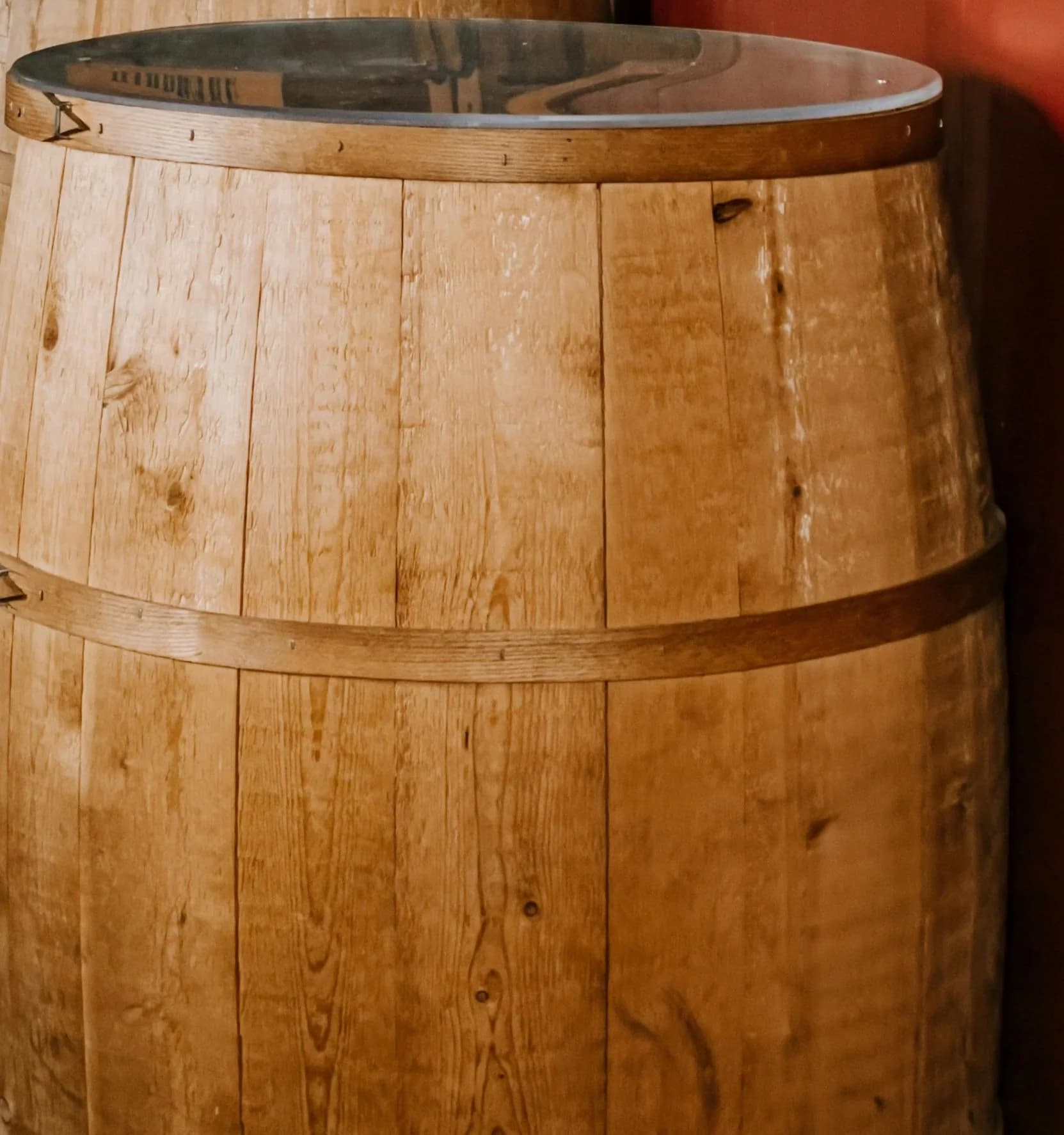Close-up of an oak cask with iron hoops