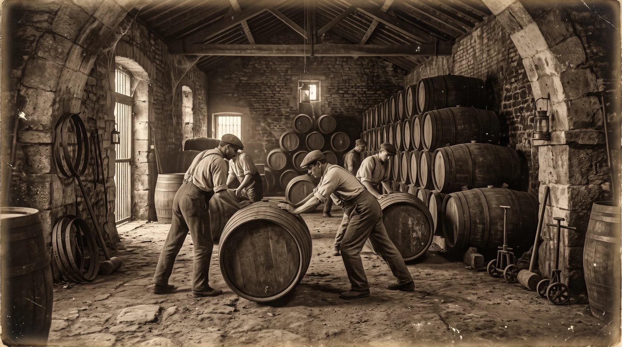 Cellar workers rolling casks through a vaulted stone chai
