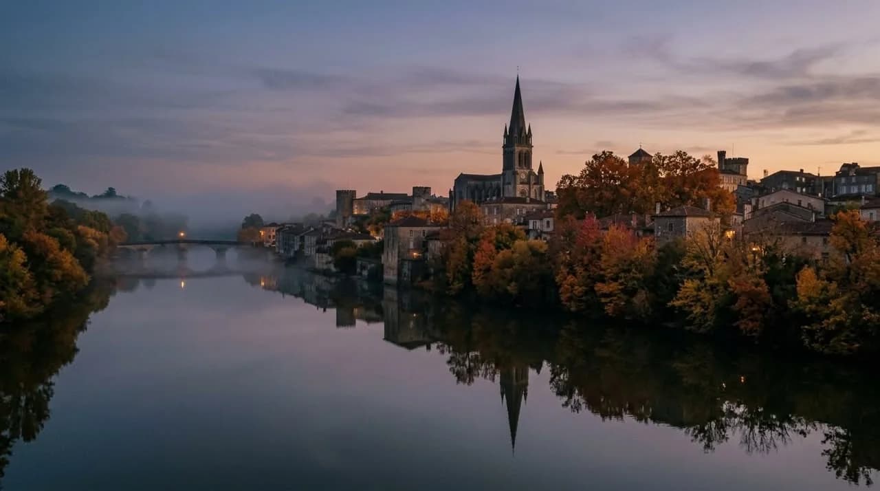Autumn trees and the old town of Cognac along the Charente, morning mist over the water
