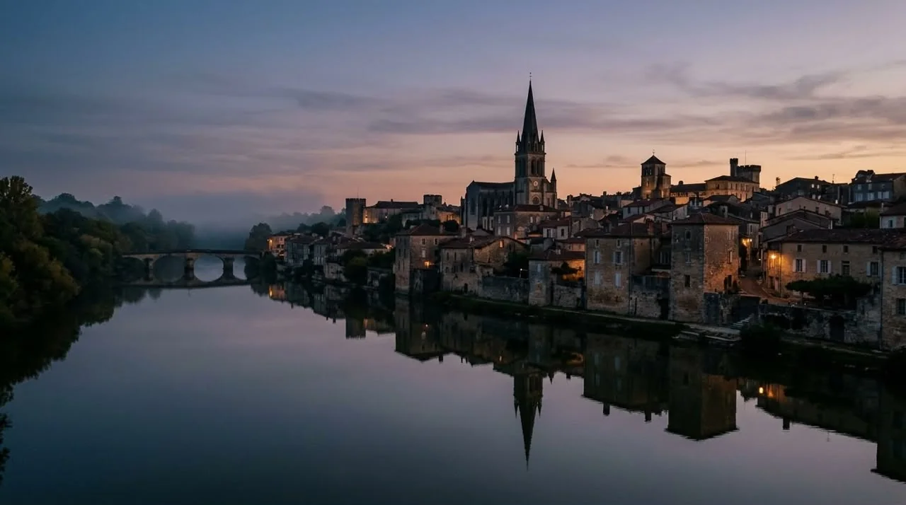 The town of Cognac at dusk: stone houses and a church spire reflected in the still Charente river
